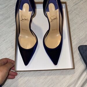Christian Louboutin Navy Velvet Pointed Stiletto Heels with Red Soles